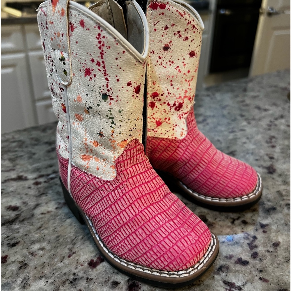 OLDWEST cowboy toddler “cowgirl” boots w rainbow paint splatter pink croc detail